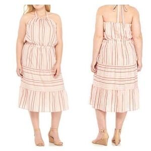 Kaari Blue Dress Womens 3XL Pink Stripe‎ Halter Tie Back Tiered Lined Resort